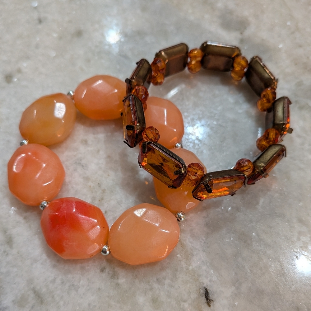 Set Of Vintage Peach Faceted Moonstone & Rust Color Faceted Glass Bead Bracelet